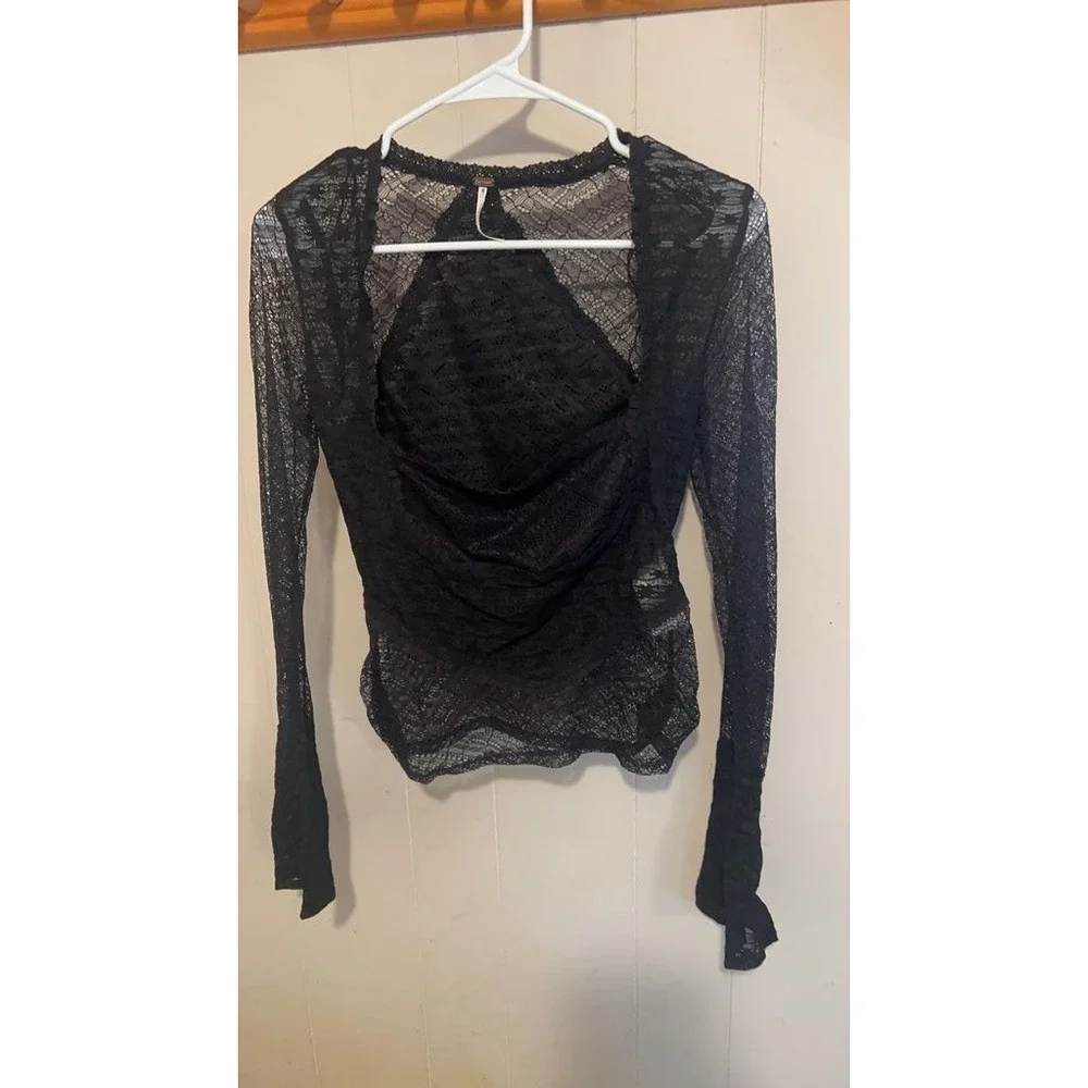 Free People Black Lace Long Sleeve Top